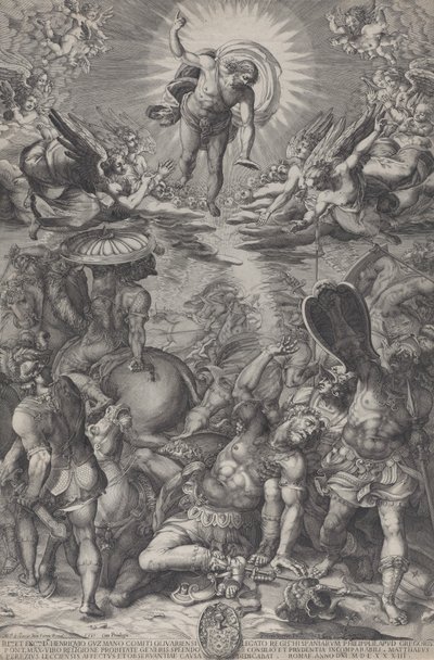 Omvändelsen av Saulus, som ligger på marken omgiven av hästar och soldater som Kristus..., 1583 av Pieter Perret
