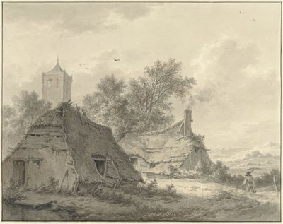 Landskap med två bondgårdar och ett kyrktorn av Pieter Pietersz. Barbiers