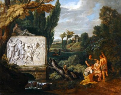 Ett klassiskt landskap med jungfrur som dansar vid en sarkofag som skildrar Silenus triumf (olja på duk) av Pieter Rysbrack
