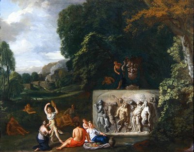 Ett klassiskt landskap med jungfrur som dansar vid en sarkofag som skildrar Silenus triumf (olja på duk) av Pieter Rysbrack