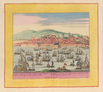 Ankomst av den holländsk-engelska flottan med kung Charles III till Lissabon, 1704 Landning av hans Mt. Carel III kungen av Spanien till Lissabon i Portugal den 7 Maert 1704 (...) (titel på objektet) Krigets teater, början av kung Karel den av Pieter Schenk (I)