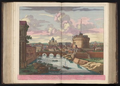 Engelenburcht, Sint-Pietersbasiliek en de rivier de Tiber Bridge of Aelius (imp of Hadrianus) and Castle of St. Michael (...) (titel på objektet) av Pieter Schenk (I)