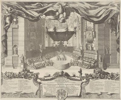 Utsikt i Sint-Pietersbasiliek En teater som representerar brotten som äger rum i Peterstemplet i staden Rom (titel på objektet) av Pieter Schenk (I)