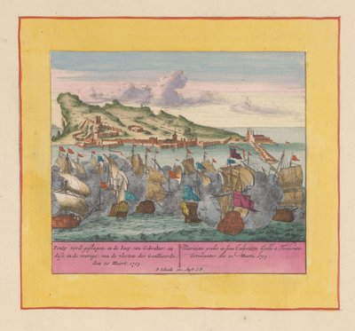 Sjöslaget vid Gibraltar, 1705 Ponty blir slagen, i Gibraltars baey (se dese i fronten) av de allierades flottor, den 20 Meert, 1705 (titel på objektet) Krigets teater, början av kung Karl II. Vi ses på kung Karel den av Pieter Schenk (I)