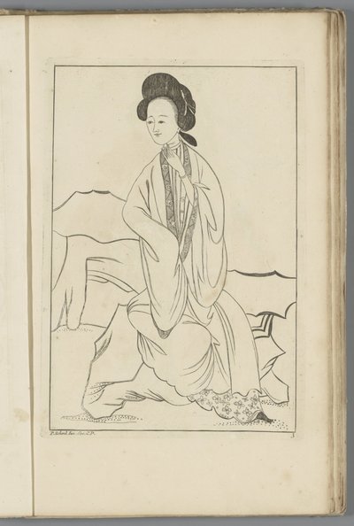 Kinesisk kvinna med höger hand i ärmen på sin kimono Kinesiska kvinnor, blommor och fåglar (serietitel) av Pieter Schenk (II) (possibly)