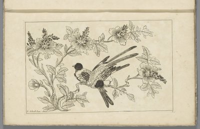 Två fåglar på en blomgren Kinesiska blommor och fåglar (serietitel) av Pieter Schenk (II)