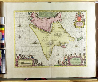 Tabula Magellanica, Quatierrae del Fuego, skylt 18 från The New and Great Illuminant Torch of the Sea av Claes Jansz. Vooght (fl.1680-96) publicerad i Amsterdam, 1683 (handfärgad gravyr) av Pieter Schenk