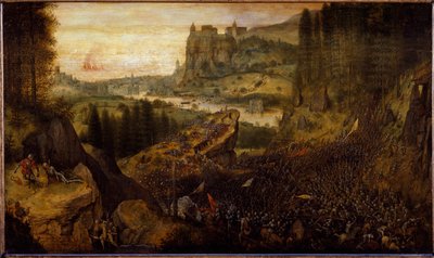 Strid mellan filistéer och israeliter: Saul och hans godsherre kastas på sitt svärd. (målning av Pieter Bruegel the Elder