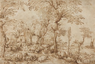 Bönder och boskap nära en bondgård, ca 1553-54 (penna och brunt bläck på papper) av Pieter Bruegel the Elder