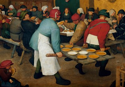 Smekmånadsdetaljen. Tallrikar på en bricka. Målning av Pieter Bruegel (eller Bruegel eller Brueghel eller Brueghel) sa den förra (1525-1569) av Pieter Bruegel the Elder