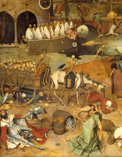 Dödens triumf Döden drar vagnen från liken. Kroppar av krigare och kungar ligger på marken. Målning av Pieter Bruegel (eller Breugel eller Brueghel eller Breughel) den tidigare (1525-1569) 1500-talet sön. 117x162 cm Musee du Prado, Madrid av Pieter Bruegel the Elder