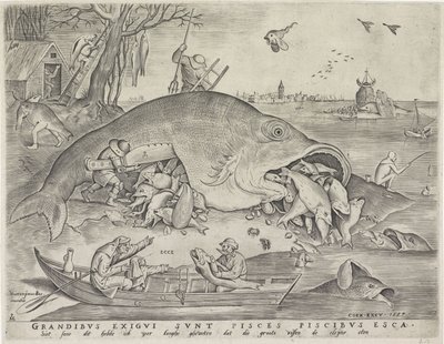 Stora fiskar äter små fiskar, graverad av Pieter van der Heyden, 1557 av Pieter The Elder after Brueghel