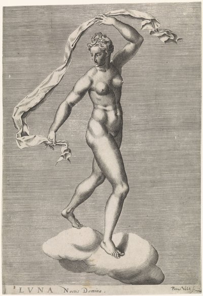 Diana som Luna på ett moln Luna Noctis Domina (titel på objekt) De sju planeterna (titel på objekt) av Pieter Valck
