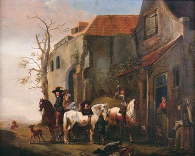 Ryttare och hästar vid dörren till ett värdshus av Pieter Wouwermans or Wouwerman