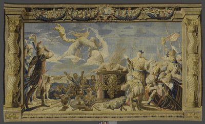 Gobeläng som visar Artemis ingripande under förberedelsen av offret av Iphigeneia Historien om Iphigeneia och Orestes (serietitel) av Pieter de Cracht (workshop of)