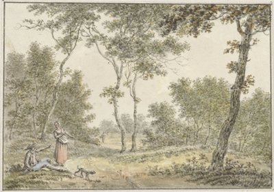 Skogslandskap med några figurer av Pieter de Goeje