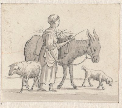 Kvinna med åsna, får och hund av Pieter de Goeje