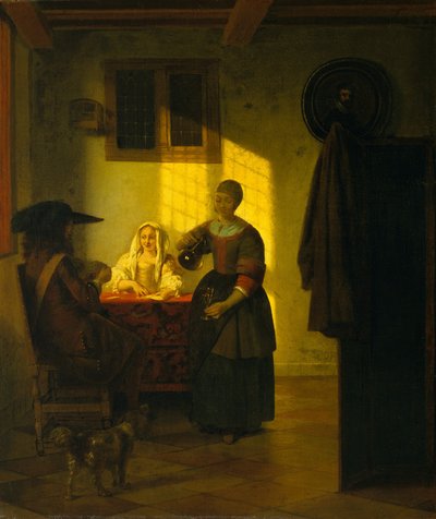 Ett par som spelar kort, med en tjänande kvinna, ca. 1665-75. av Pieter de Hooch