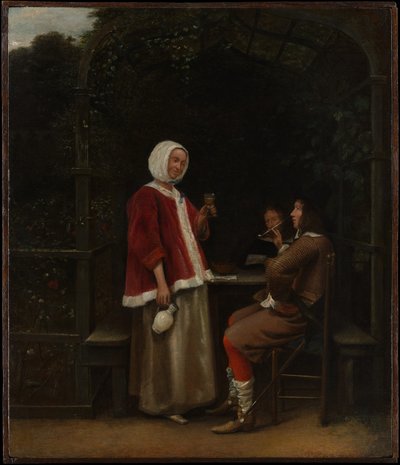 En kvinna och två män i en berså av Pieter de Hooch