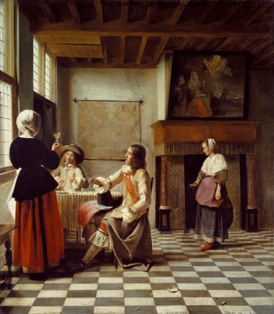 En interiör, med en kvinna som dricker med två män och en hembiträde av Pieter de Hooch