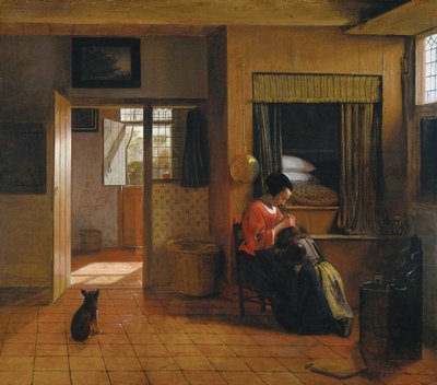 Invändigt rum med en mamma som rengör sitt barns hår, känt som "Mammas jobb" av Pieter de Hooch