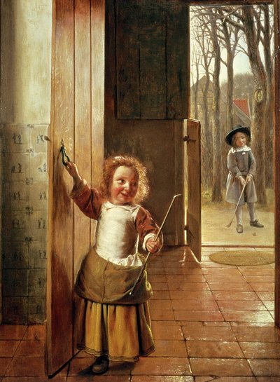 Barn i en dörröppning med "golfpinnar", c.1658-60 av Pieter de Hooch