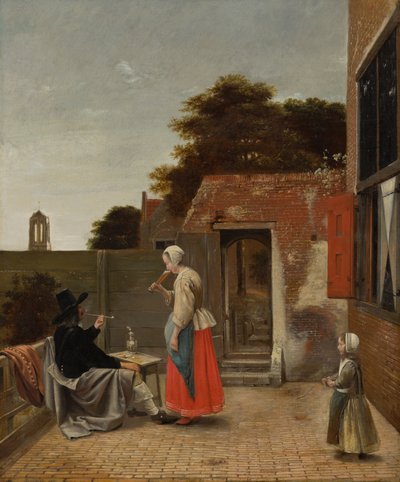 Gård med en rökande man och en drickande kvinna av Pieter de Hooch