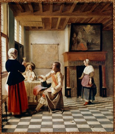 holländsk interiör. En kvinna dricker med två vänliga män (olja på duk, cirka 1658) av Pieter de Hooch