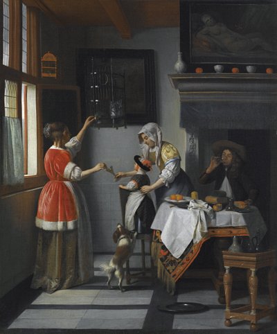 Interiör med ett barn som matar en papegoja par Hooch, Pieter, de av Pieter de Hooch