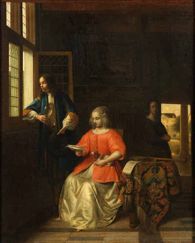 Interiör med en ung kvinna som läser ett brev av Pieter de Hooch