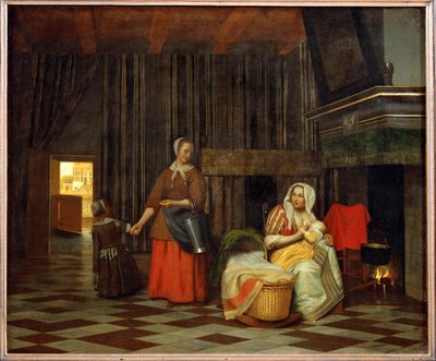 Interiör med mor som matar sitt barn och en tjänsteflicka (olja på duk) av Pieter de Hooch