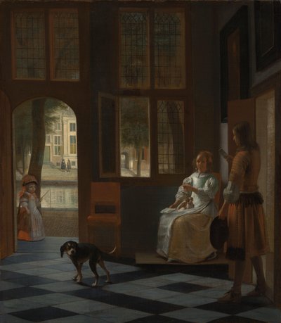 Man räcker ett brev till en kvinna i entréhallen till ett hus av Pieter de Hooch