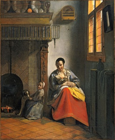 Kvinna som ammar ett spädbarn, med ett barn och en hund av Pieter de Hooch