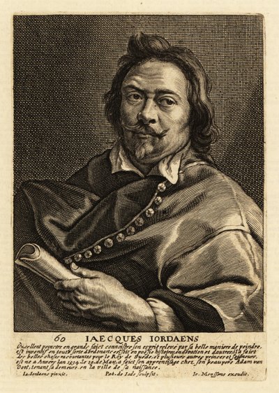 Porträtt av Jacques Jordaens, flamländsk målare, ritare och gobelängdesigner känd för sina historiemålningar, genrescener och porträtt av Pieter de II Jode