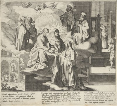 Catherine dyker upp / Catherines bröllop / Catherine delar sin mantel Scener från Saint Catherine of Sienas liv och mirakel (serietitel) Vita mors gesta, et miracula quaedam selecta B. CATHERINAE SENENSIS (...) (serietitel) av Pieter de Jode (I)