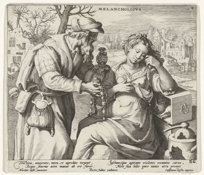 Det melankoliska temperamentet Melancholicvs (titel på objekt) De fyra temperamenten (serietitel) av Pieter de Jode (I)