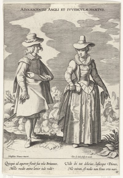 Paar, klädd enligt de engelska mode, ca. 1610 Ungdomens engelska och engelska vanor (titel på objekt) Kostuums uit verschiedelden landen (serietitel) Ornaments of Various Nations (serietitel) av Pieter de Jode (I)