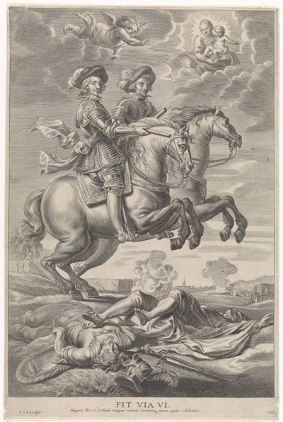Ferdinand av Österrike med Ferdinand, kung av Böhmen och Ungern, till häst vid segern i Nördlingen Kardinal-barnets glädjefulla inträde i Gent, 1635 (serietitel) av Pieter de Jode (II)