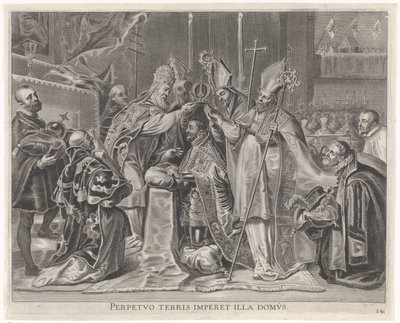 Karl V kröntes till kejsare av påven Kardinal-barnets glädjefulla inträde i Gent, 1635 (serietitel) av Pieter de Jode (II)