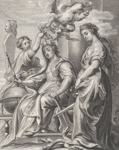 Allegory of Good Government, sittande i mitten och krönt av en putto och en wo..., ca. 1640-74. av Pieter de Jode II