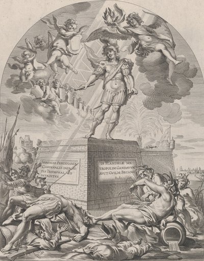 Plåt 1: Ferdinand som Mars, stående på en piedestal, från William Becanus 