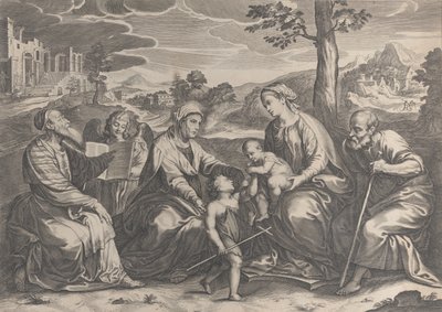 Den heliga familjen till höger, med spädbarnet Johannes döparen, Elizabeth, Zacharias,..., 1631-37. av Pieter de Jode II