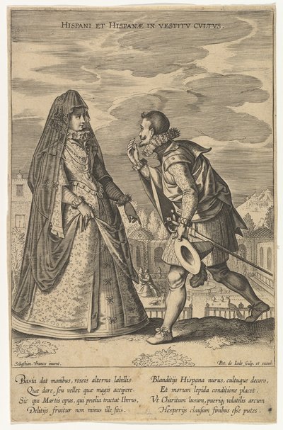 Spanjorer och spanjorer i klänningsdyrkan, från Fashions of Different Nations.n.d. av Pieter de Jode I