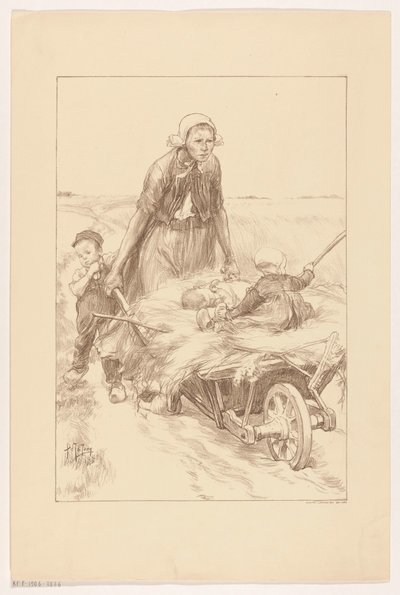Bondekvinna som skjuter en skottkärra med hö och två barn av Pieter de Josselin