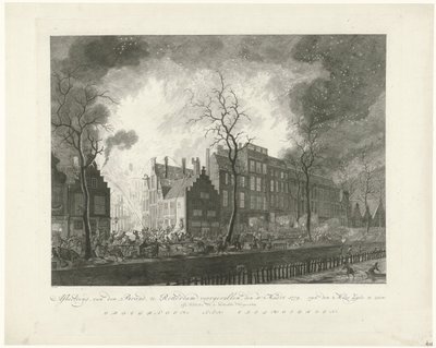 Brand i Pottery Alley i Rotterdam, 1779 Bild, van den Brand, inträffade i Rotterdam, den 11:e. Mars 1779. van den Maas Silk på display (titel på objekt) av Pieter de Mare