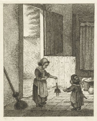 Två flickor som leker med en docka av Pieter de Mare