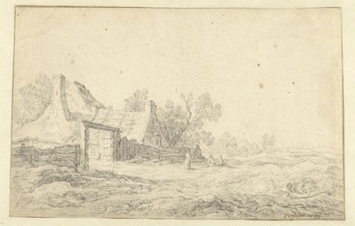 Dynlandskap med tre figurer framför en gård av Pieter de Neyn