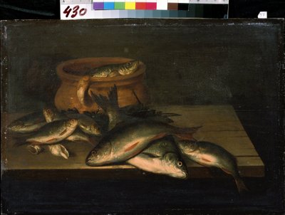 "Stilleben med fiskar" Målning av Pieter de Putter (cirka 1600-1659) 1600-talets Mikhail Kroshitsky konstmuseum, Sevastopol (Sevastopol) Ukraina av Pieter de Putter