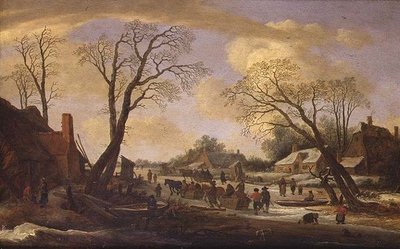 Ett vinterflodlandskap med bönder och hästdragna slädar av Pieter the Elder Molyn