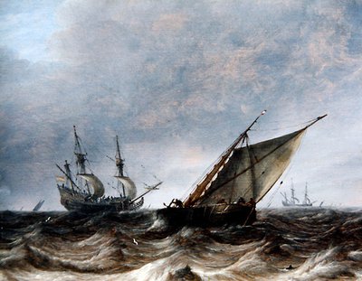 En smålänning och en krigsman i ett hårt hav (olja på tavla) av Pieter the Elder Mulier